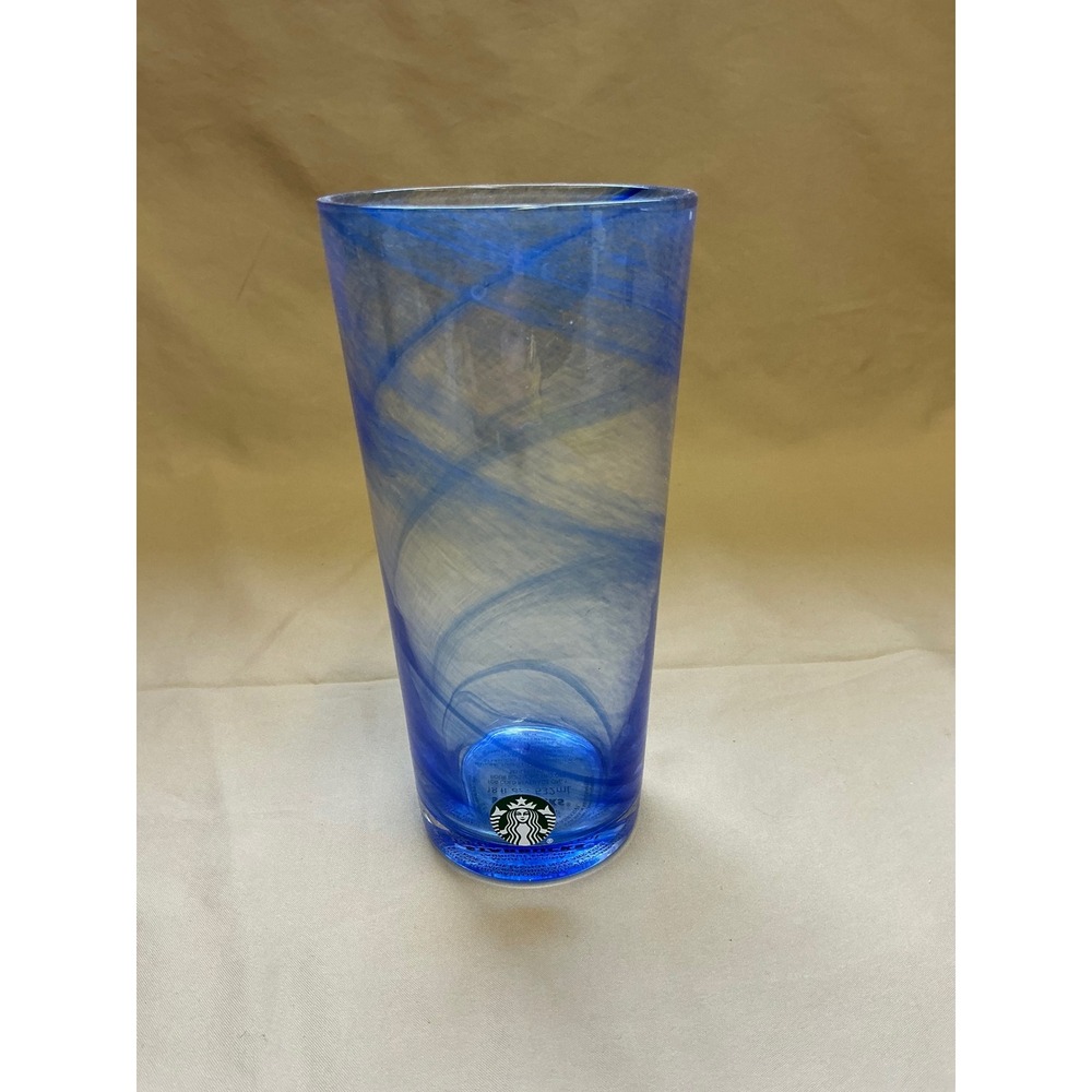 Starbucks Blue Swirl Hand Blown Glass Cold Beverage Tumbler 18oz CED-19
